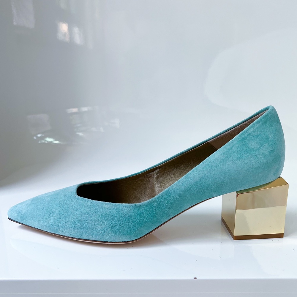$598 LORIBLU Pumps Aquamarine Gold Block Heel Pointy Toe Suede Leather NIB